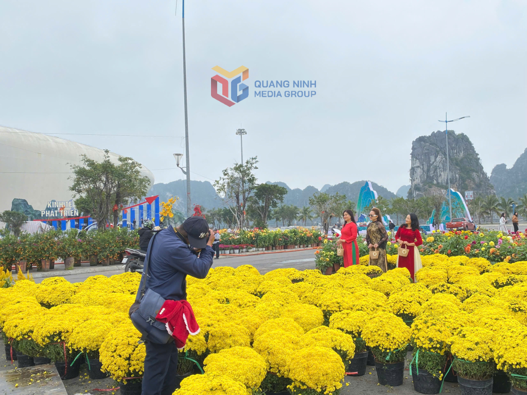 Người dân háo hức chụp ảnh bên các cụm hoa rực rỡ. 